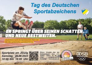 Tag des Deutschen Sportabzeichens. Er springt über seinen Schatten und neue Bestweiten. Deutschland macht das Sportabzeichen. Mach mit!